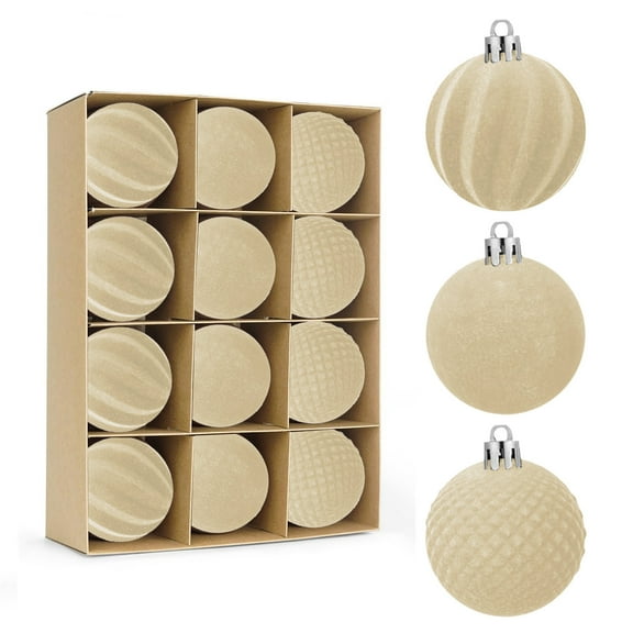 Beige Beige 12 Pcs Velvet Christmas Balls Flocked Tree Ornaments Plastic Xmas Decorations 2Inch Diameter