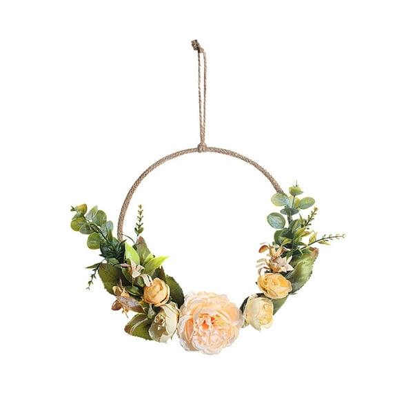 Beige Beige Artificial Rose Wreath Metal Wall Decor For Home Living Room Bedroom Wedding Door Hanging Floral Arrangement Decoration 13.77X7.87X0.78 Inch