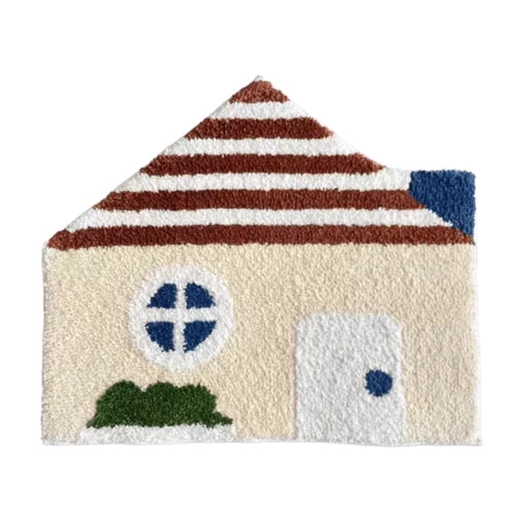 Beige Beige Cartoon House Shaped Flocked Carpet For Home And Bedroom Non-Slip Backing Dirt Resistant Soft Floor Mat