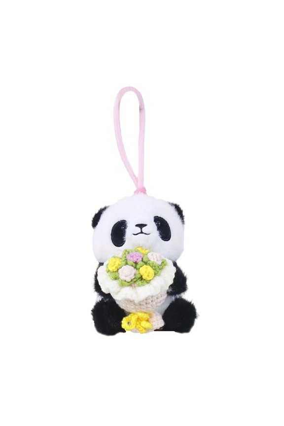 Beige Beige Plush Panda Toy With Handmade Flower Arrangement And Colorful Rope For Bag Charm Or Ornament
