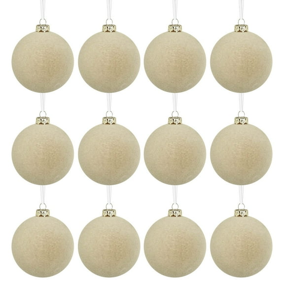 Beige Beige Velvet Flocked Christmas Ball Ornaments Set Of 12 For Tree And Home Holiday Decoration 2Inch