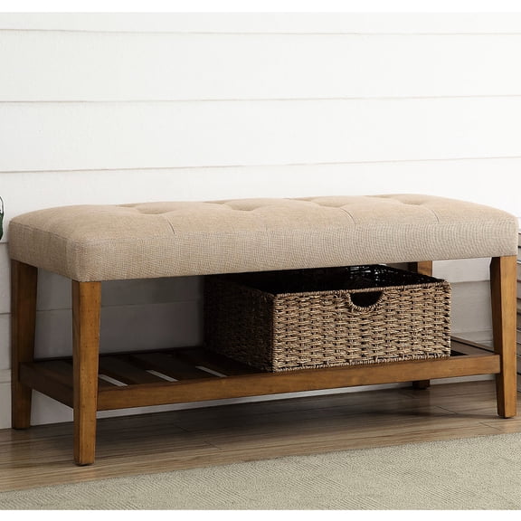 Beige Bench With Oak Finish And Shelf Storage - Contemporary Look Space Modern Style
