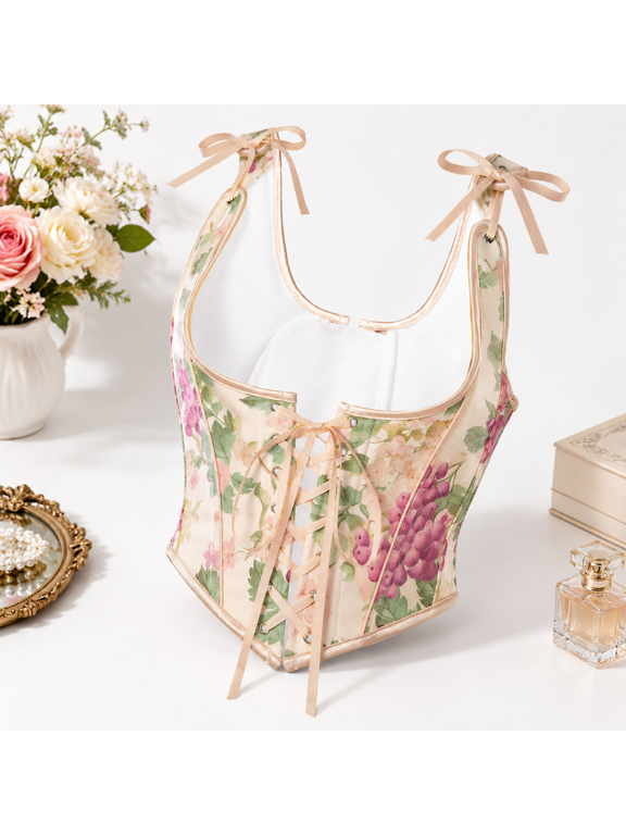 Beige Berry Floral 10 Underbust Floral Print Corset Top For Women