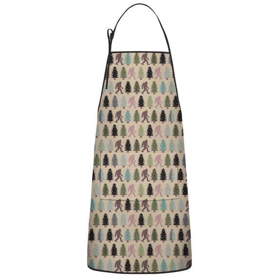 Beige Bigfoot and Pine Tree Pattern Apron-Garden Aprons for Women with Pockets-Cotton Linen Waterproof Kitchen Cooking Gardening Aprons Adjustable for Kitchen,Cooking,BBQ and Salon 33x27 Inch