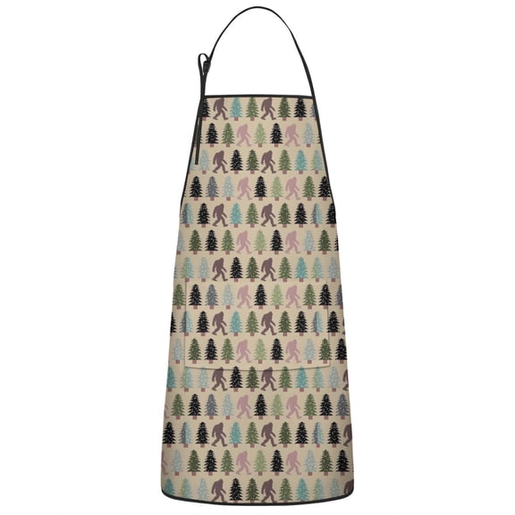 Beige Bigfoot and Pine Tree Pattern Apron-Garden Aprons for Women with Pockets-Cotton Linen Waterproof Kitchen Cooking Gardening Aprons Adjustable for Kitchen,Cooking,BBQ and Salon 33x27 Inch