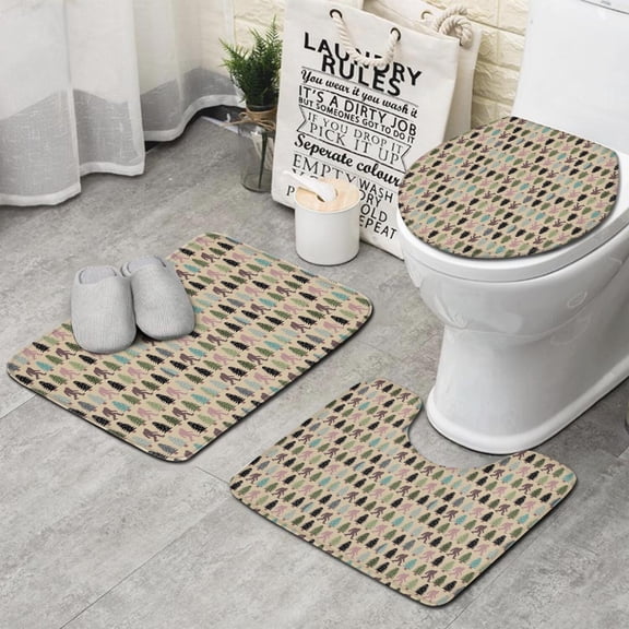 Beige Bigfoot and Pine Tree Pattern Bathroom Rugs Sets 3 Piece,Toilet Cover Set,Absorbent Non Slip Bathroom Mats Sets with U-Shaped Contour Rug Toilet Rug Set