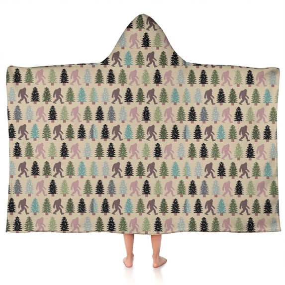 Beige Bigfoot and Pine Tree Pattern Hooded Bath Towel,50"x30" for Ages 3 To 12 Kids, Quick Dry Lightweight Soft Microfiber Hood Beach Towel Cover Up for Kids