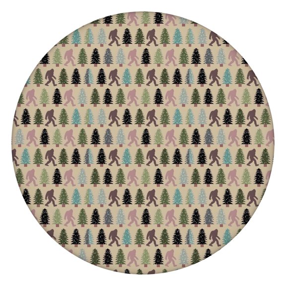 Beige Bigfoot and Pine Tree Pattern Round Fitted Tablecloth with Elastic Edge,Dining Table Cover Waterproof,Outdoor Round Tablecloth for Camping,Dining,Indoor and Outdoor