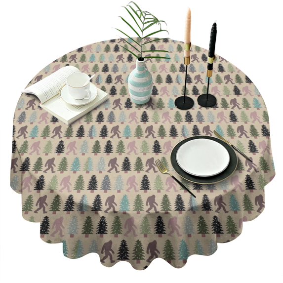 Beige Bigfoot and Pine Tree Pattern Round Tablecloth 60"x60",Wrinkle Wipeable Table Cloth for Kitchen Dining Room Picnic Patio Party