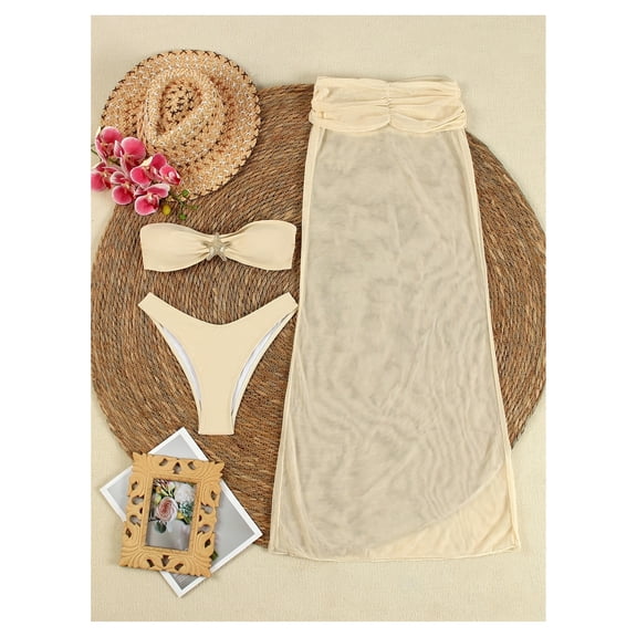 Beige Bikini Set for Women 3 Piece - Strapless Swimsuit with Sheer Cover Up; Summer Beach Bathing Suit; Halter Triangle Top & High Waist Bottom