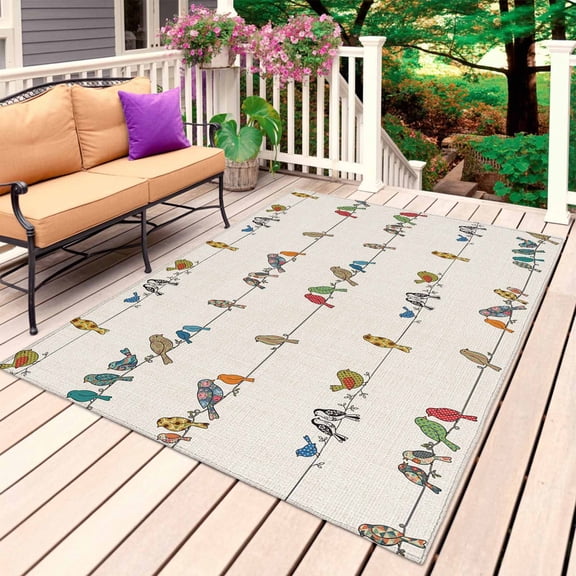 Beige Birds Outdoor Rug 6x9 Ft, Non Slip Washable Area Rug, Funny Cute Snowflake Wire Sparrow Rustic Patio Rugs Carpet Runner, Large Floor Mat for Indoor/Outdoor Deck Porch Camping