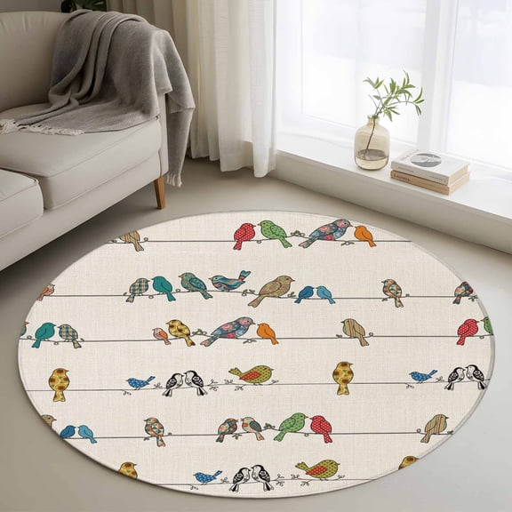 Beige Birds Round Area Rug 3Ft Washable Small Circle Rugs for Kitchen Entryway, Funny Cute Snowflake Wire Sparrow Rustic Non-Slip Carpet Floor Mats Indoor Outdoor Carpet Runner Aesthetic Home Decor
