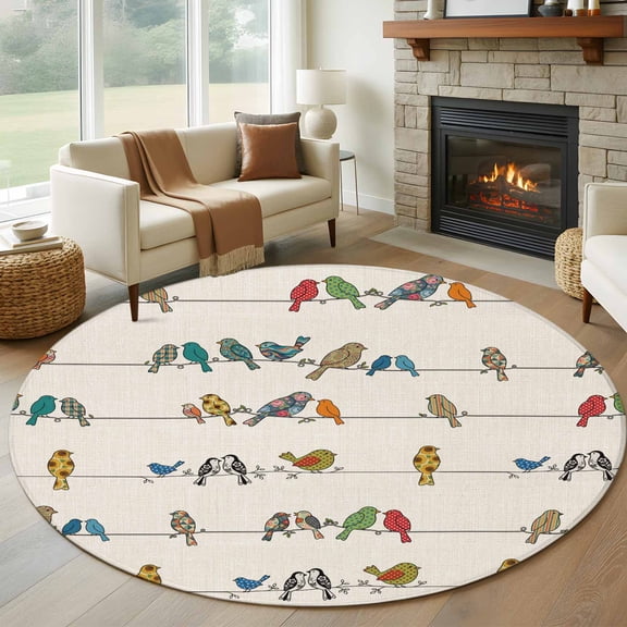 Beige Birds Round Area Rug 5Ft Washable Circle Rugs for Living Room Bedroom, Funny Cute Snowflake Wire Sparrow Rustic Non-Slip Carpet Floor Mats Indoor Outdoor Carpet Runner Aesthetic Home Decor