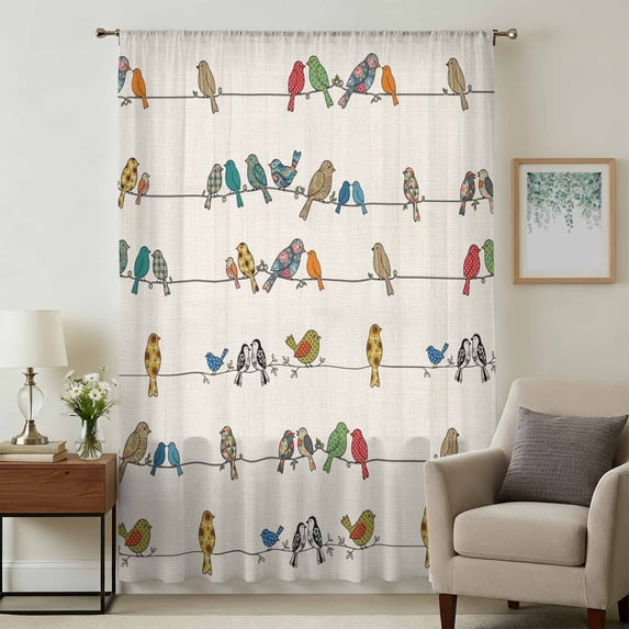 Beige Birds Sheer Curtains 96 Inches Long, Funny Cute Snowflake Wire Sparrow Rustic Light Filering Curtains, Privacy Drapes Simi Floor to Veiling Curtain for Living Room Large Window Treatment