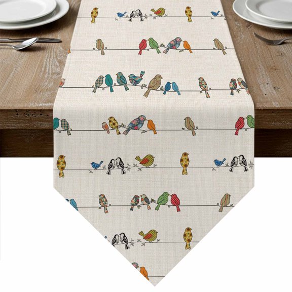 Beige Birds Table Runner Linen Burlap Table Runner 36 Inches Small Funny Cute Snowflake Wire Sparrow Rustic Dresser Scarves for Kitchen Island Coffee Dining Room Party Wedding Holiday Decor 13"x36"