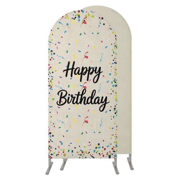 Beige Birthday Arch Backdrop Cover 4 FT,Spandex Wedding Arch Stand Covers Stretchy Backdrop,Colorful Confetti Ribbons Polka Dots Classroom Round Top Party Arched Background for Birthday Baby Shower