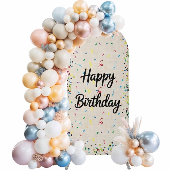 Beige Birthday Arch Backdrop Cover, Spandex Fitted Wedding Arch Cover, Colorful Confetti Ribbons Polka Dots Classroom Round Top Stand Covers for Birthday Ceremony Bridal Shower Party Decor 6x2.6 Ft