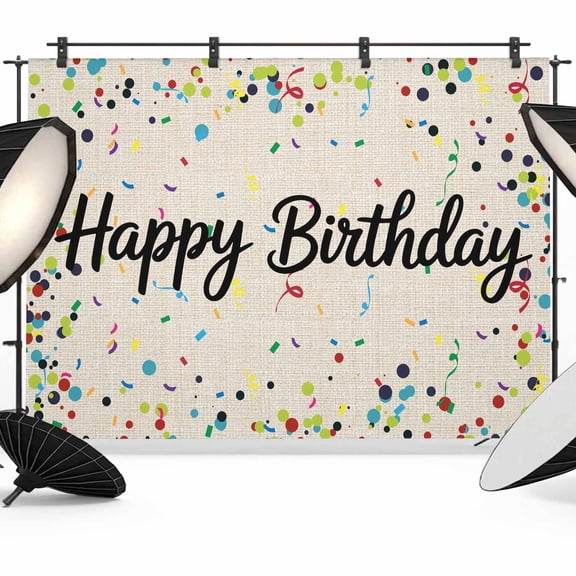 Beige Birthday Backdrop for Photography,Fabric Photo Background Backdrop,Colorful Confetti Ribbons Polka Dots Classroom Photo Booth Background for Portrait Photoshoot Video Wedding Banner 7x5ft