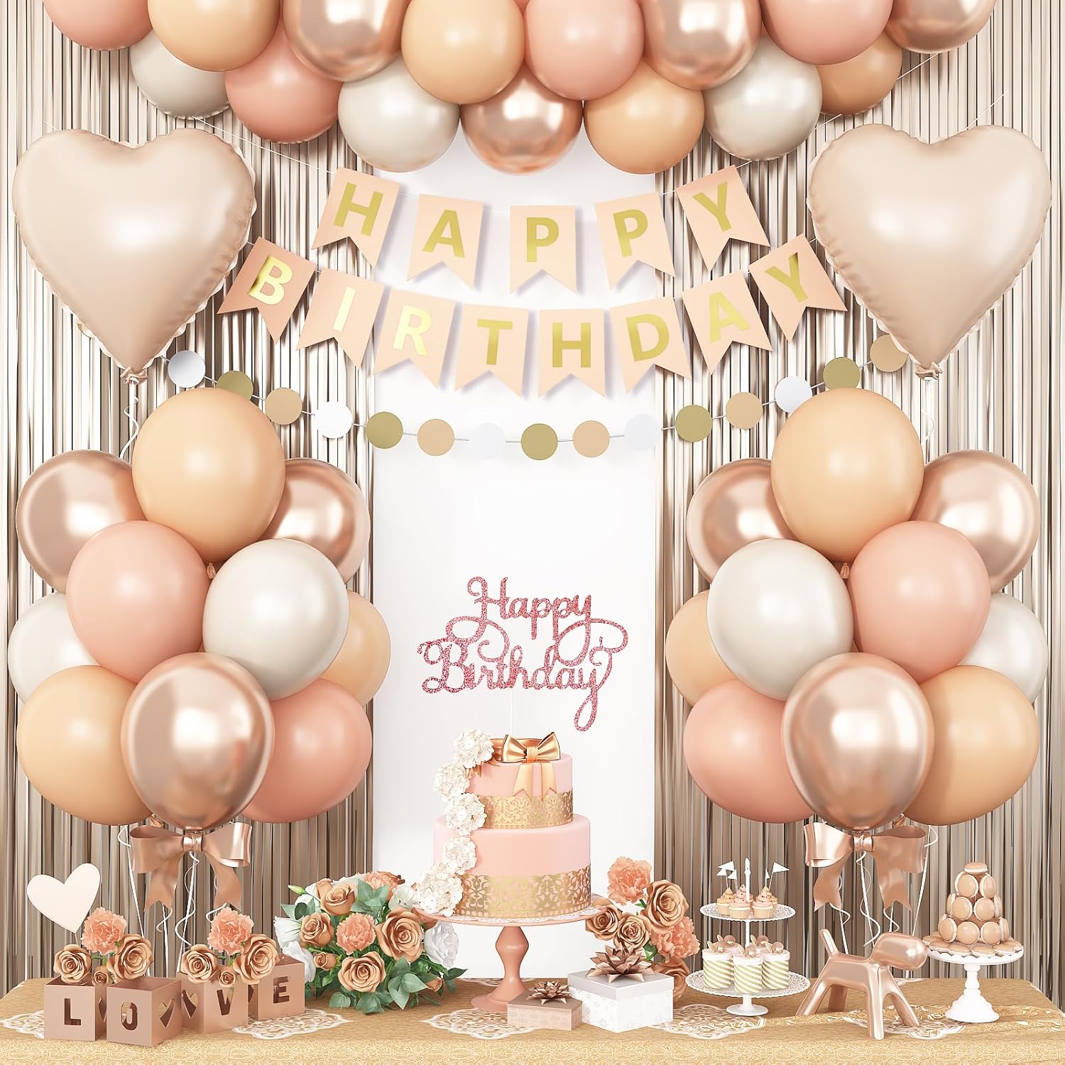 Beige Birthday Decorations,Happy Birthday Banner with Cream Nude Champagne Gold Balloon Heart Foil Balloons Fringe Curtain for Women Men  Baby Shower Party Decor