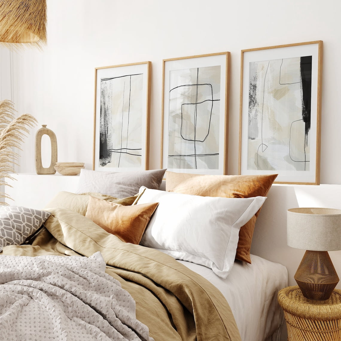 Beige Black Abstract Brush Stroke Wall Art Prints, Minimalist Nordic ...