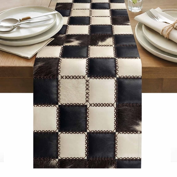 Beige Black Animal Printed Table Runner Modern Fur Checkered Tablerunners 13 x 36 Inch, Table Decorations Tabletop Scarf for Summer Gathering Holiday Farmhouse Kitchen Dining Decor