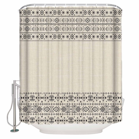 Beige Black Boho Bathroom Shower Curtains with 12 Hooks Polyester Waterproof Shower Curtain for Stalls and Bathtubs Vintage Ethnic Tribe Abstract Art Decorative Bathroom Privacy Curtain 72x84 Inches