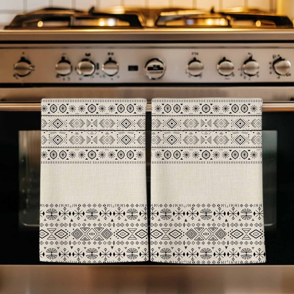 Beige Black Boho Kitchen Towels Set of 1, Vintage Ethnic Tribe Abstract Art Absorbent Dish Towels for Kitchen, Microfiber Hand Towel, Quick Drying Tea Towel for Cleaning Decorative Dishcloths