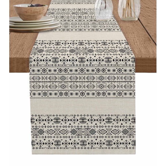 Beige Black Boho Table Runner Vintage Ethnic Tribe Abstract Art Tablerunners 13 x 108 Inch, Table Decorations Tabletop Scarf for Summer Gathering Holiday Farmhouse Kitchen Dining Decor