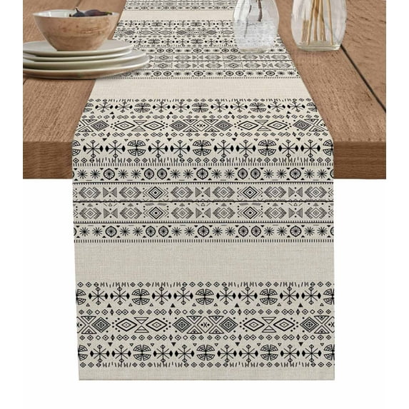 Beige Black Boho Table Runner Vintage Ethnic Tribe Abstract Art Tablerunners 13 x 72 Inch, Table Decorations Tabletop Scarf for Summer Gathering Holiday Farmhouse Kitchen Dining Decor
