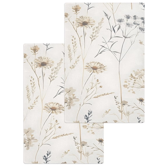 Beige Black Botanical Hand Towels Set, Waffle Weave Kitchen Towels 2 Pieces, Watercolor Floral Vintage Microfiber Hair Face Bath Tea Towel Absorbent Quick Drying Cleaning Dish Cloths, 15.7"x23.6"