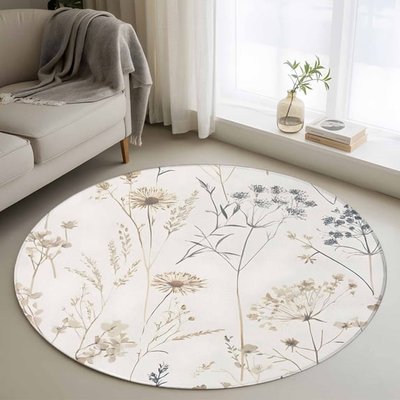 Beige Black Botanical Round Area Rug 3.3 FT, Non Slip Small Entryway Kitchen Mat, Watercolor Floral Vintage Washable Soft Circular Rug Non-Shedding Door Mat for Bathroom Playroom Kids Room