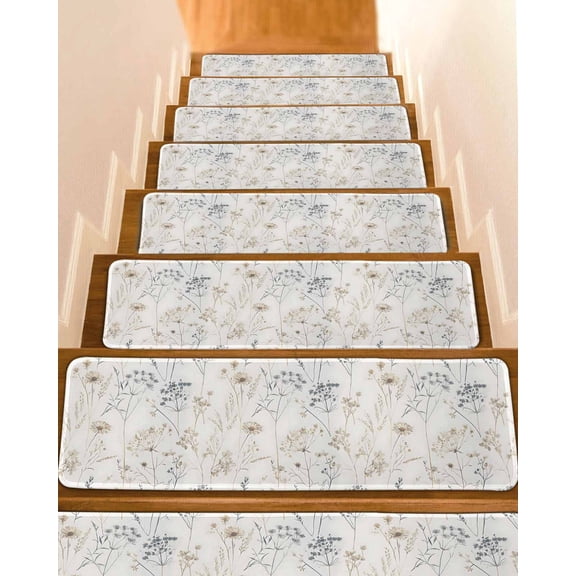 Beige Black Botanical Stair Treads for Wooden Steps Indoor Runner Rug Carpet, Watercolor Floral Vintage 4 Pieces Peel and Stick Staircase Step Treads Covers Washable Throw Door Mats, 30"x8"