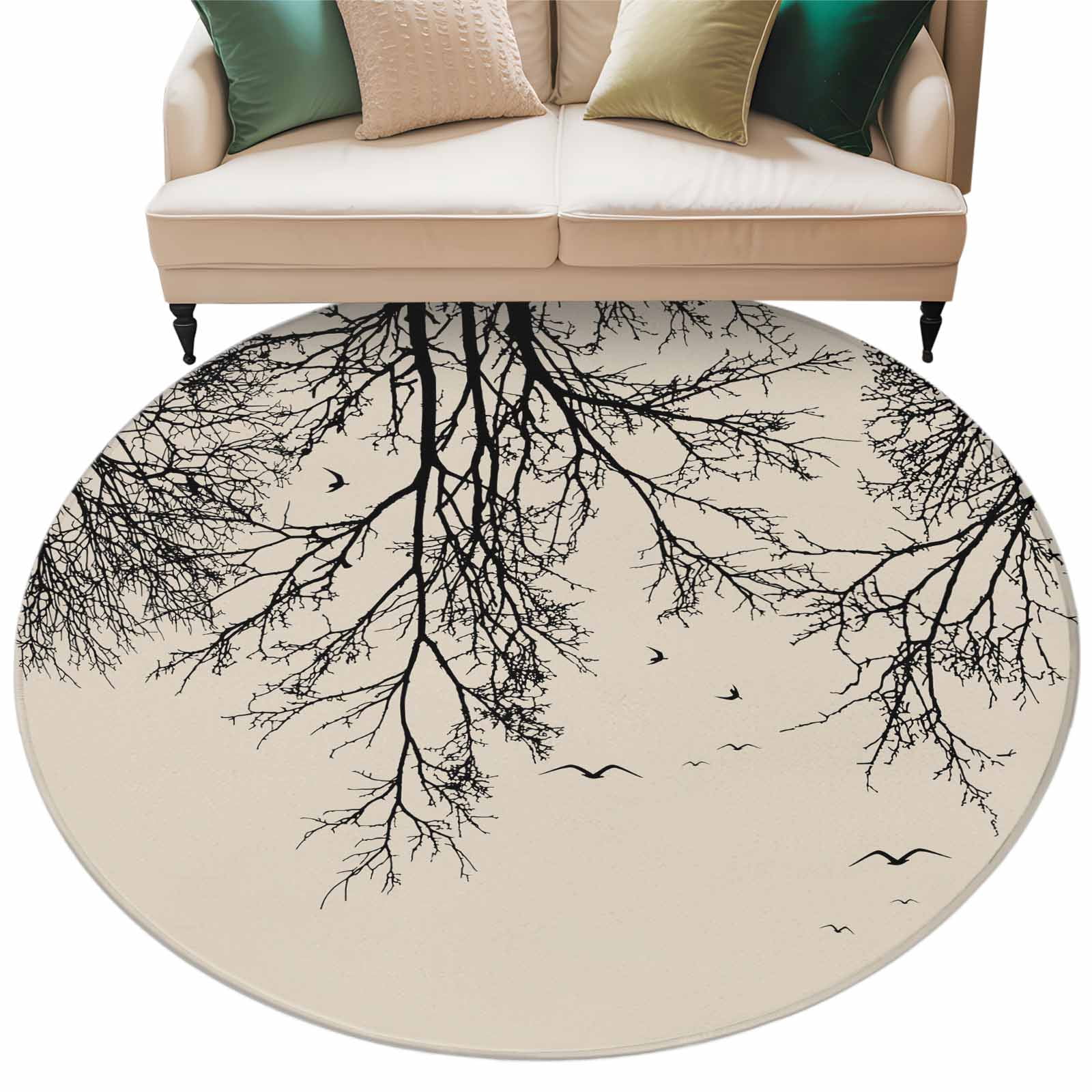 Tree Branch Rugs Beige Black Branches Round Rug 5ft Washable Circle Kitchen Rugs Non ...
