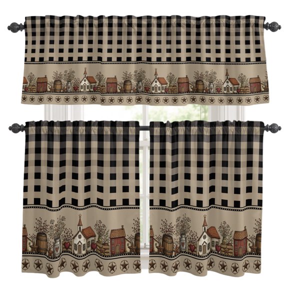 Beige Black Buffalo Check Kitchen Curtains Valances 3 Piece Set, Rustic Houses Star Floral Rod Pocket Tier Curtain and Valance Drapes for Small Window 36 Inch Length for Bedroom Cafe