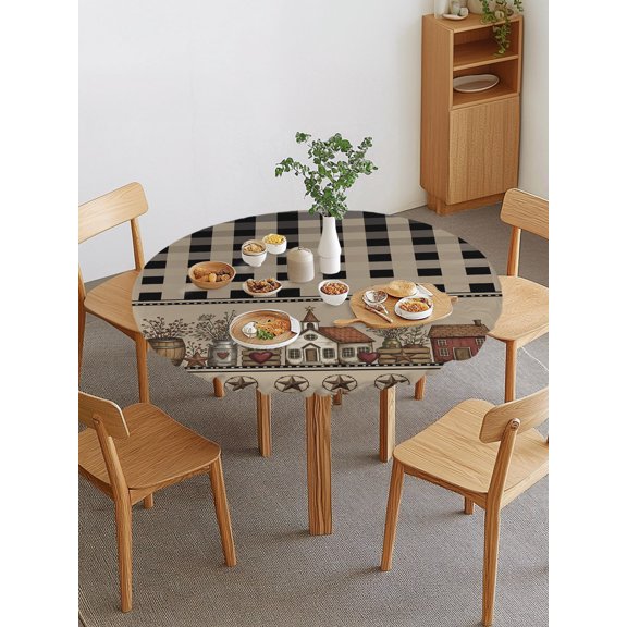 Beige Black Buffalo Check Round Fitted Tablecloth with Elastic Edge, Rustic Houses Star Floral Waterproof Stretch Table Covers for 36"-44" Tables Wipeable Table Cloth for Outdoor