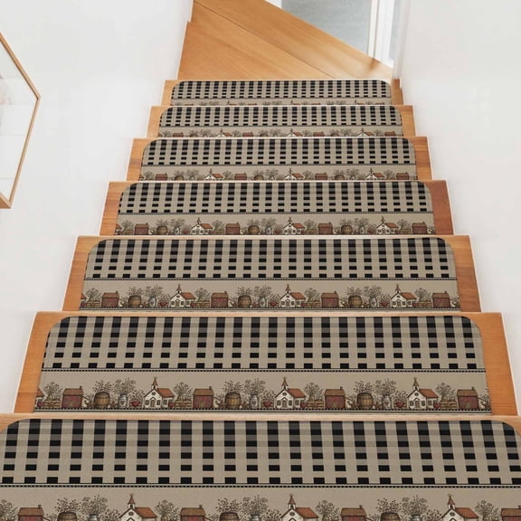 Beige Black Buffalo Check Stair Treads Non Slip for Steps Rustic Houses Star Floral 4 Pcs Reusable Adhesive Stair Runner Mats for Dogs Elders Carpet Treads Rugs for Staircase 8x30 In