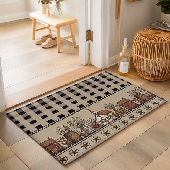 Beige Black Buffalo Check Washable Small Entryway Area Rugs 2'x3', Rustic Houses Star Floral Washable Throw Rug Non-Slip Sturdy Edge Binding Carpet for Front Door Floor Room Entry
