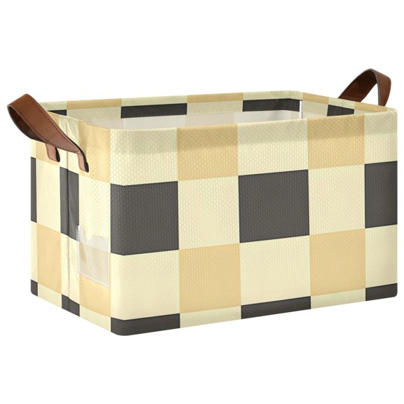 Beige Black Check Pattern Collapsible Storage Bin Open Home Shelf Basket Water-Resistant Iron Frame Large
