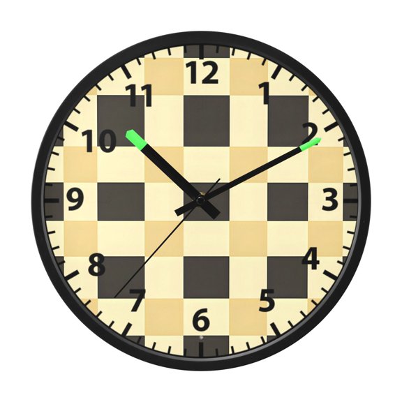 Beige Black Check Pattern Wall Clock 12 Inch Voice Activated Night Light Silent Non Ticking