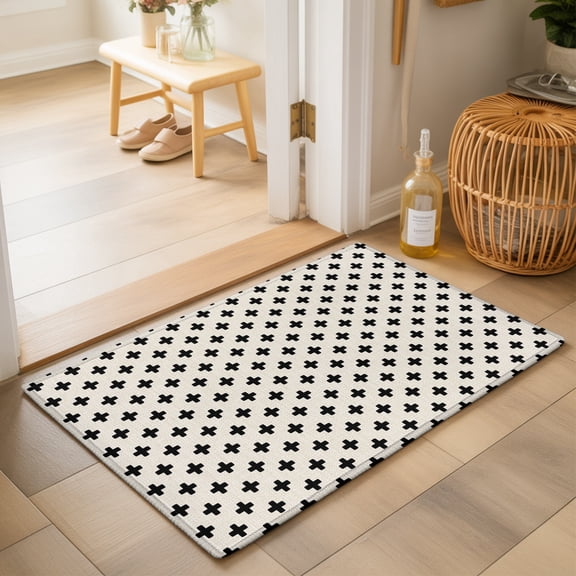 Beige Black Checkered 2'x3' Small Rugs for Entryway Front Door Kitchen Sink Area, Country Abstract Geometric Diagonal Plaid Soft Sturdy Mats Washable Non Slip Rectangle Area Rug