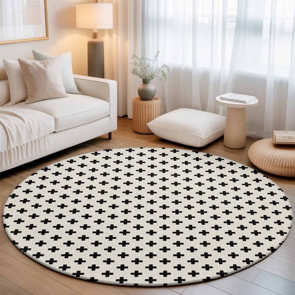 Beige Black Checkered 7' Round Rugs for Living Room Conversation Area, Country Abstract Geometric Diagonal Plaid Washable Non Slip Large Circle Area Rug Under Dining Table