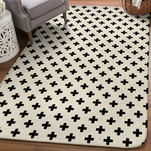 Beige Black Checkered Area Rugs for Living Room 5x6, Country Abstract Geometric Diagonal Plaid Washable Area Rug Non Slip, Stain Resist Linen Carpet for Bedroom, Dining Room, Entryway, Entrance