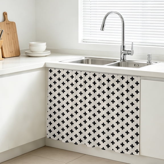 Beige Black Checkered Cabinet Curtains for Kitchen 10"W x 11"L, Country Abstract Geometric Diagonal Plaid Under Sink Skirt Magic Tape Short Curtain Decorative Privacy Panel for Bathroom Laundry