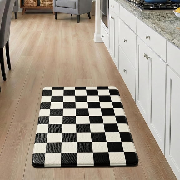 Beige Black Checkered Grid Checkerboard Kitchen Rug Sets [2 Pcs]  Anti-fatigue Waterproof Non-slip Mats Heavy Duty Comfort Foam For Floor Laundry 17"x29"