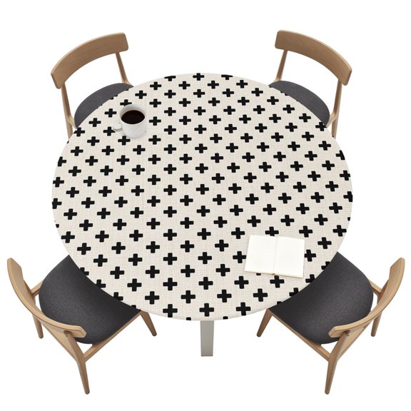 Beige Black Checkered Round Fitted Table Cover Country Abstract Geometric Diagonal Plaid Waterproof Table Cloth with Elastic Edge Wipeable Tablecloth for Picnic Camping Party Fits 55"-60" Tables