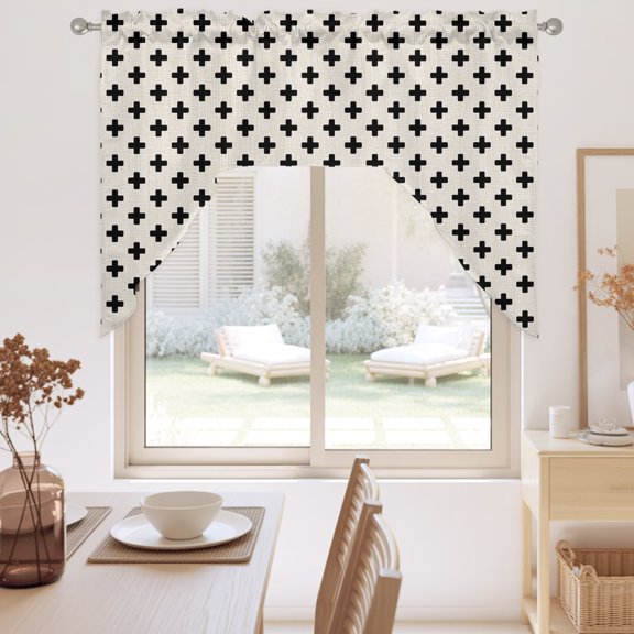Beige Black Checkered Swag Valance for Windows, Country Abstract Geometric Diagonal Plaid Swag Curtains Valances for Small Window Treatment Rod Pocket for Kitchen Bathroom 1 Panel 56x36in
