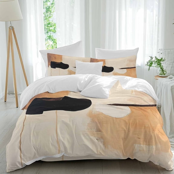 Beige Black Duvet Cover Set Twin Size, Abstract Art Mottled Graffiti Color Block Modern 4 Piece Soft Microfiber Bedding Set with 1 Duvet Cover, 1 Flat Sheet, 2 Pillowcases