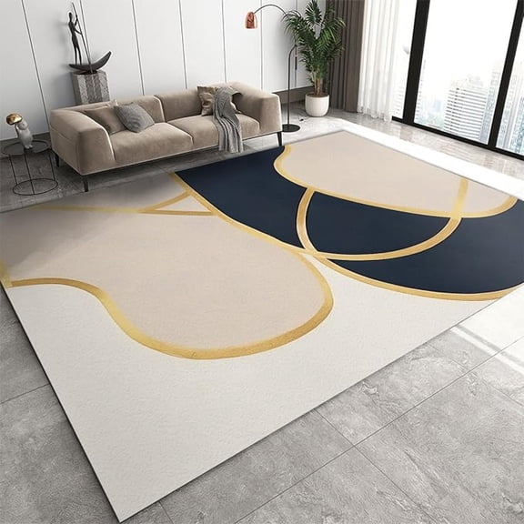 Beige And Black Geometric Blocks Area Rug, Abstract Golden Twisted Lines Indoor Rugs, With Anti-Slip Backing Washable Large Carpet For Living Room Bedroom Study Dining Room 5x8ft