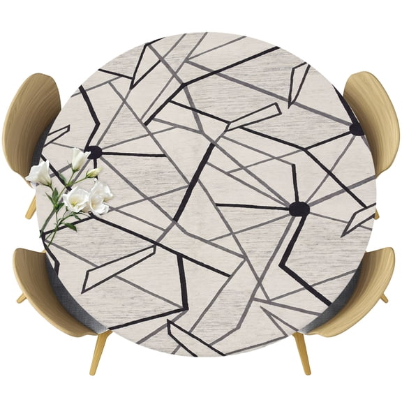 Beige Black Geometric Round Tablecloth 55-60 Inch Round Fitted Table Cloth with Elastic Edge, Modern Abstract Art Aesthetics Waterproof Table Cover Protector for Outdoor Picnic Party Dining