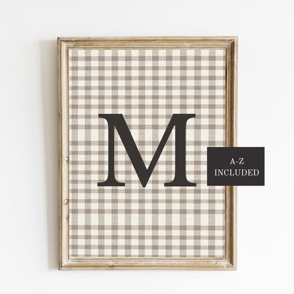Beige Black Gingham Initial Nursery Art Az Initial Wall Decor Neutral ...